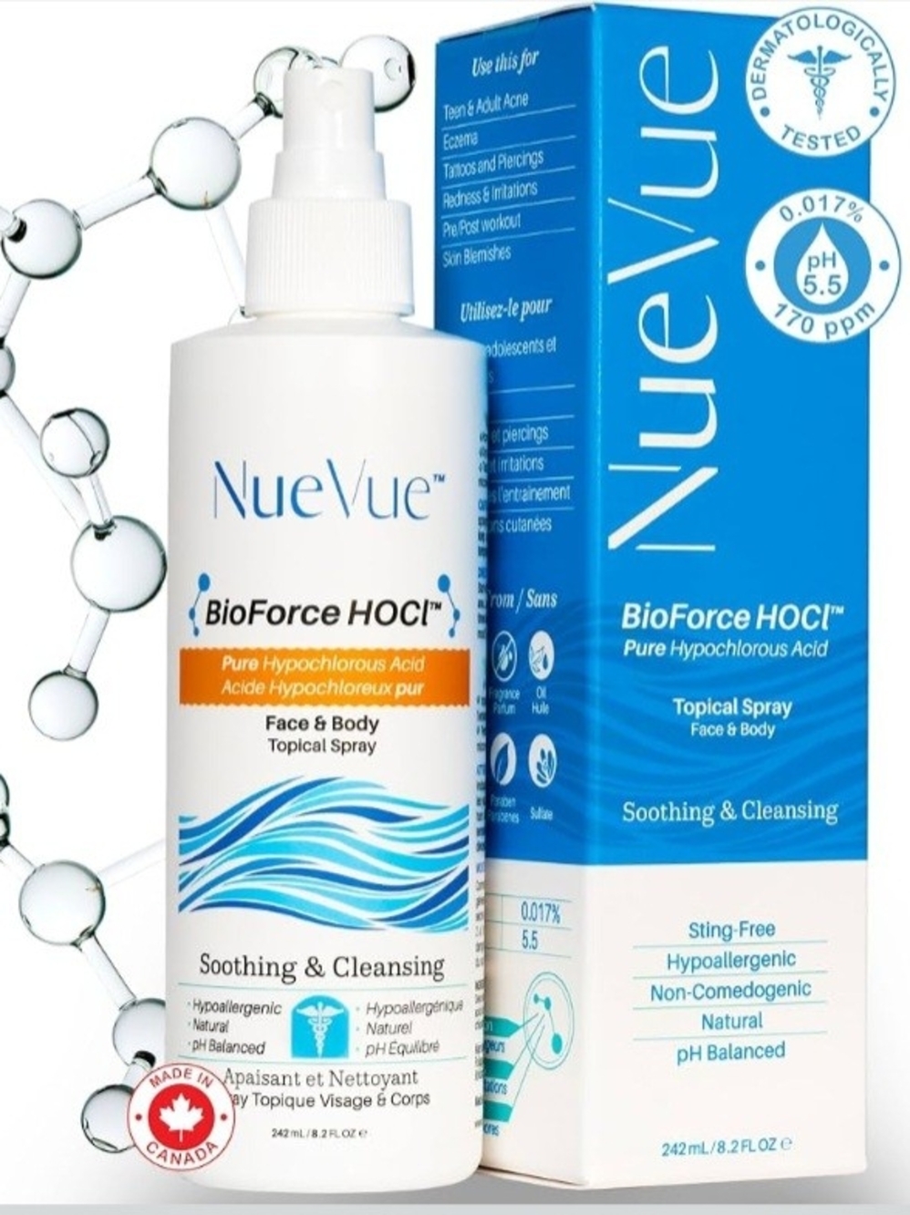 NueVue BioForce HOCl Hypochlorous Acid Face & Body Spray 8.2 oz NEW